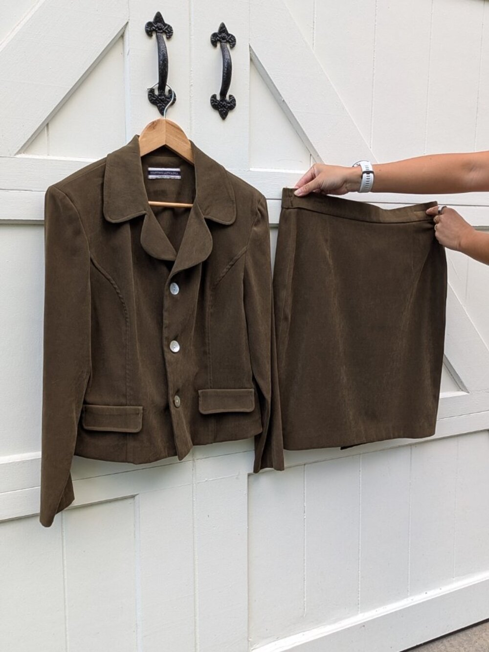 Vintage 90s Amanda Smith II Olive Brown Faux Suede Skirt Suit Set (Size 6)